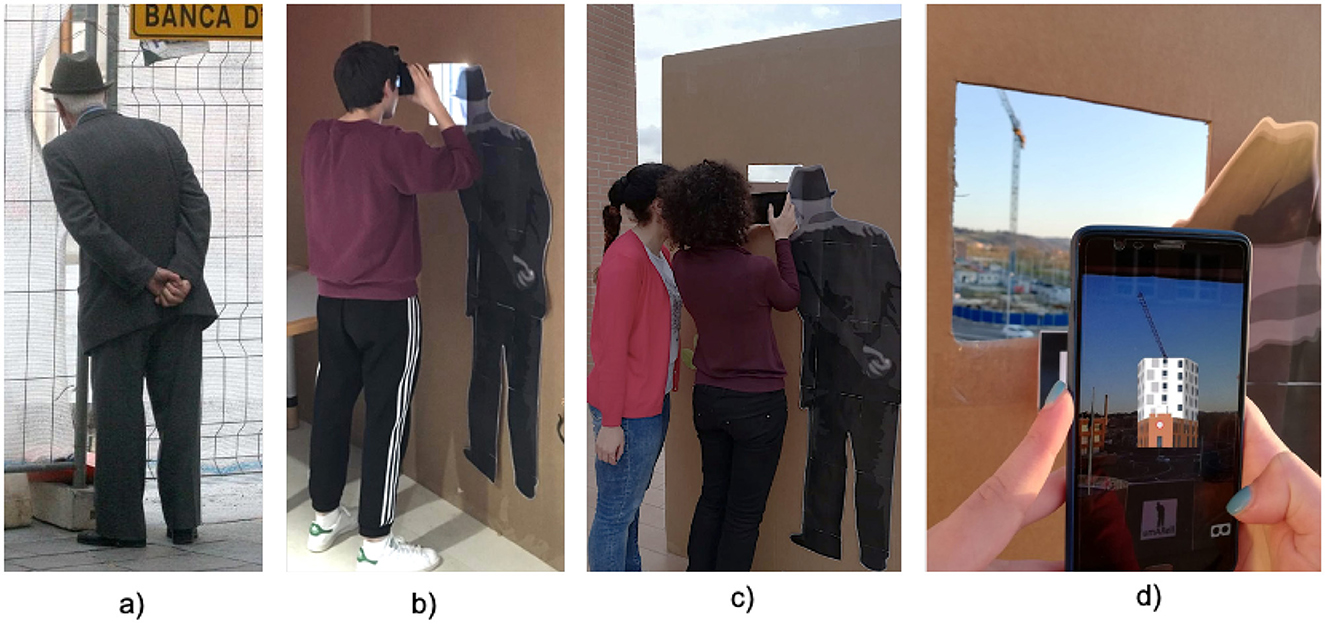 Four images. a) An older man looks through a fence hole in a construction site with hands behind his back. b) A person with a virtual reality headset look through a hole in a cardboard structure. c) Two people view through a cardboard structure featuring a cutout with a tablet in their hands. d) A phone captures an AR building, aligned with a view through the cutout.