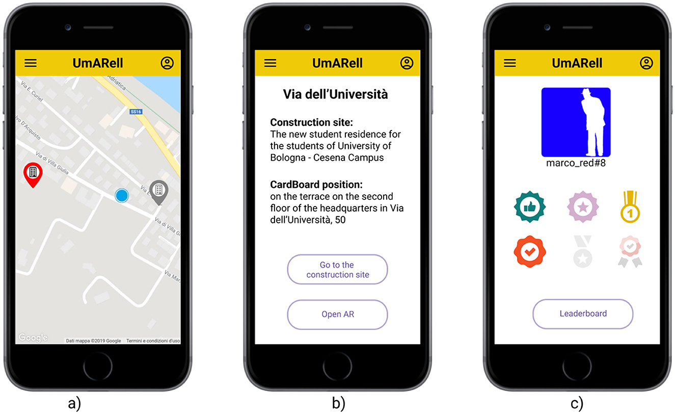 Three-panel image showing the UmARell app: a) A map with a construction site pin on a smartphone screen. b) App display showing construction site details and options for navigation and AR. c) User profile screen with badges and a leaderboard button.