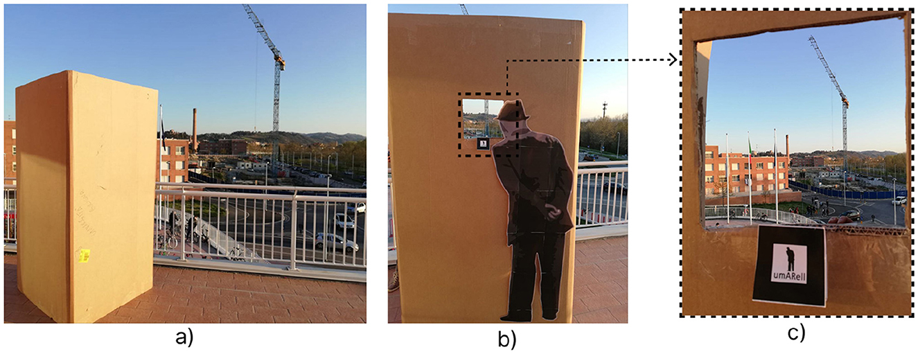 Three images show a cardboard structure with a cutout facing a construction site. a) Displays the closed cardboard box. b) Shows the cutout with a silhouette of a man looking through. c) Offers a close-up of the view through the cutout, revealing the construction site with cranes and buildings.