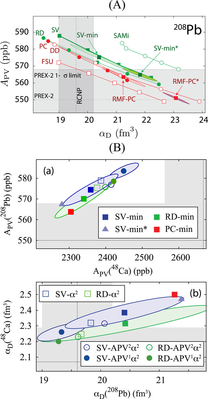 Chart (A) shows a plot of \(A_{PV}\) in picobarns (ppb) vs. \(\alpha_D\) in femtometers cubed (\(\text{fm}^3\)) for \(^{208}\text{Pb}\), illustrating trends with various model predictions (SV, SAMi, RMF-PC). Chart (B) consists of subplots (a) and (b). Subplot (a) shows \(A_{PV}\) for \(^{208}\text{Pb}\) vs. \(^{48}\text{Ca}\) with different model constraints. Subplot (b) presents \(\alpha_D\) correlations between \(^{48}\text{Ca}\) and \(^{208}\text{Pb}\), highlighting various model extrapolations. Both charts indicate overlapping confidence intervals and model variances using ellipses and points in different colors.