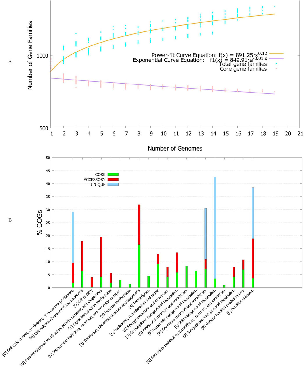 Graph A shows the number of gene families across genomes, with a power-fit and exponential curve for total and core gene families. Graph B is a bar chart depicting the percentage of COGs classified as core, accessory, and unique across different functional categories.