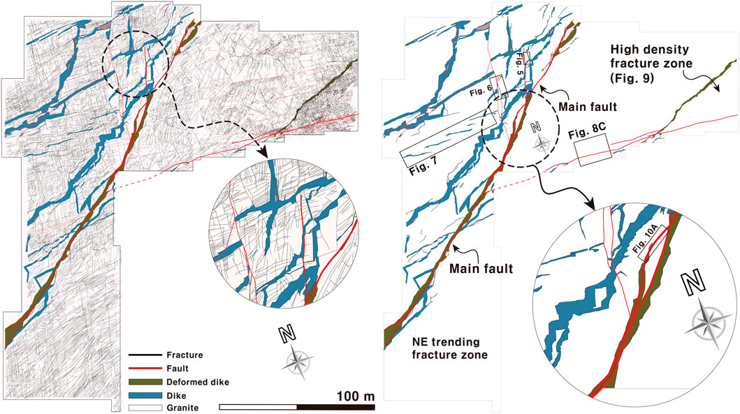 Geological map displaying fractures, faults, deformed dikes, dikes, and granite areas. The main fault follows a northeast trend through high-density fracture zones. Insets highlight specific sections, and a compass rose indicates north. A scale bar is at the bottom.