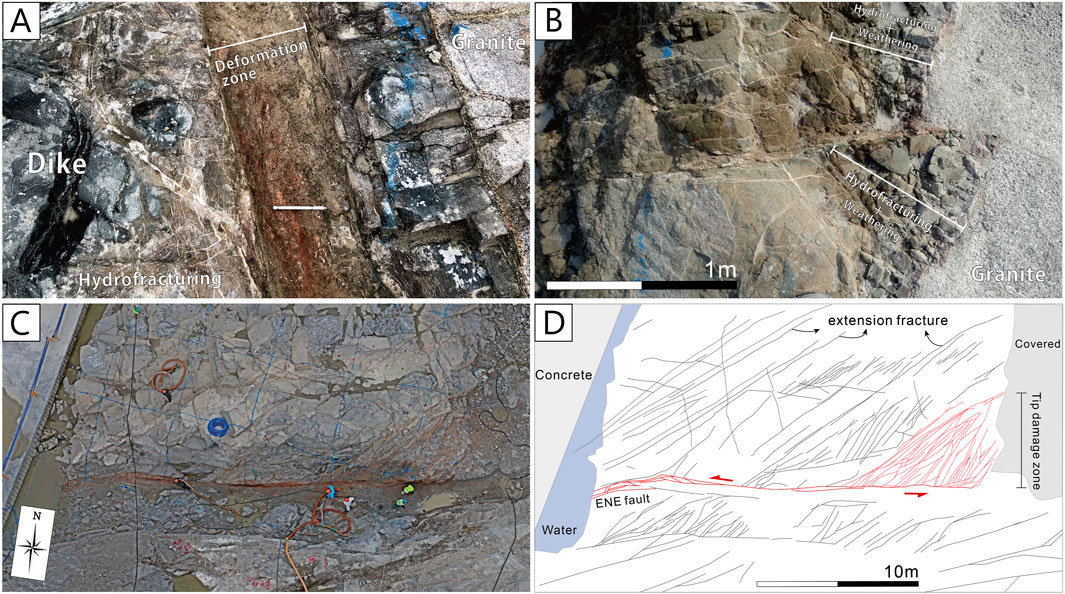 Panel A shows a deformation zone within granite, highlighting a dike and effects of hydrofracturing. Panel B displays weathering and hydrofracturing in granite with measurement scale. Panel C presents a field view with equipment and orientation marked. Panel D is a diagram illustrating an ENE fault with extension fractures, tip damage zone, water, and concrete areas for context.