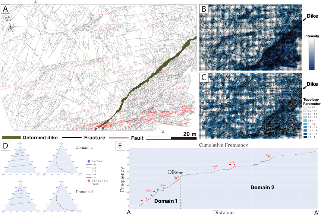 Geological map and analysis with multiple panels. Panel A shows a map with deformed dike, fractures, and faults. Panels B and C display grid overlays of dike structures with intensity and topology parameter scales. Panel D has triangular plots comparing two domains. Panel E presents a graph of cumulative frequency versus distance, highlighting faults and domains. A scale bar indicates a length of twenty meters.