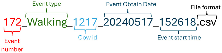 Event data structure showing: Event number 172, Event type “Walking”, Cow ID 1217, Event obtain date 20240517, Event start time 152618, and File format “.csv”.