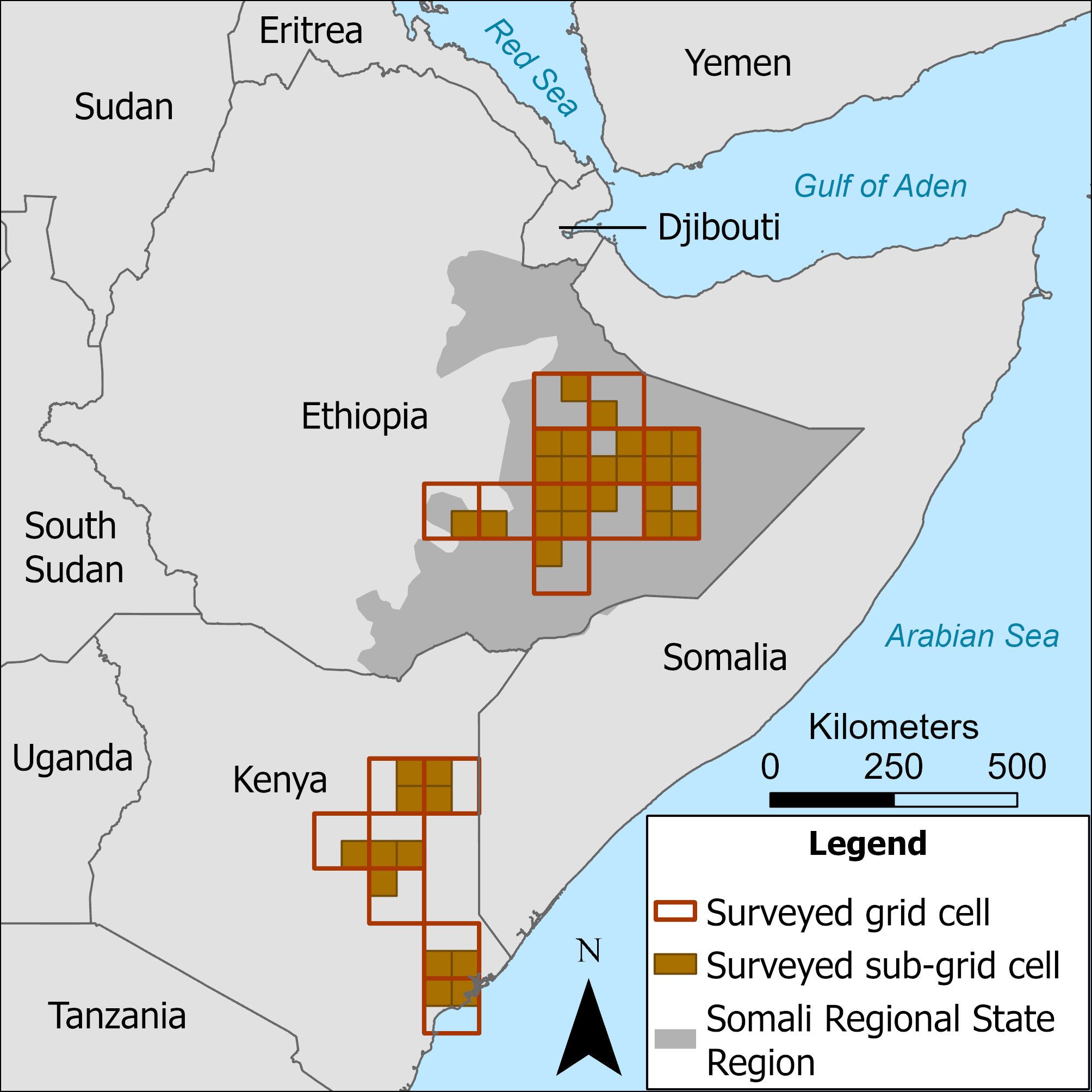 Map highlighting surveyed areas in the Somali Regional State of Ethiopia and Northeastern Kenya. It shows surveyed grid cells and sub-grid cells in brown and orange, respectively. Neighboring countries include Sudan, Eritrea, Djibouti, Somalia, Uganda, Tanzania, and South Sudan. The Red Sea and Arabian Sea are also marked. A scale represents distances in kilometers, and a compass indicates north.