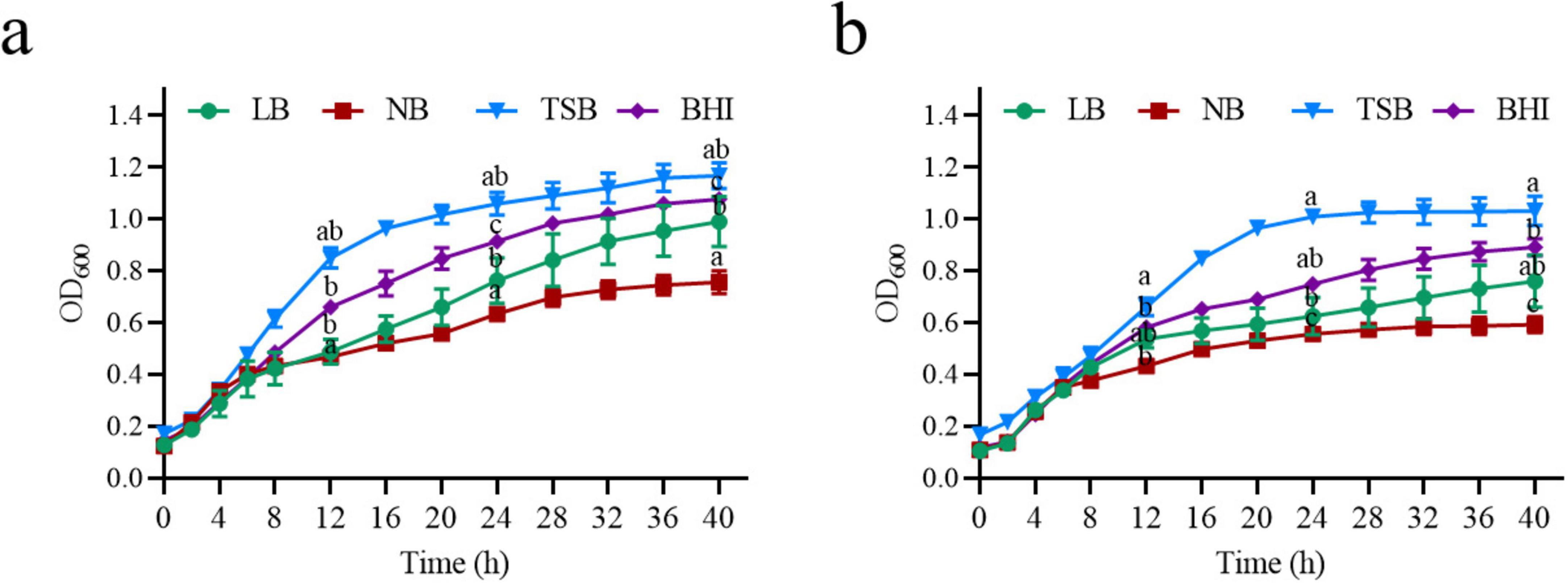 Line graphs labeled a and b display bacterial growth in different media measured by OD600 over 40 hours. Graph a shows growth in LB, NB, TSB, and BHI, with TSB achieving the highest OD600. Graph b follows a similar pattern, with TSB also showing the highest growth. Error bars indicate variability.