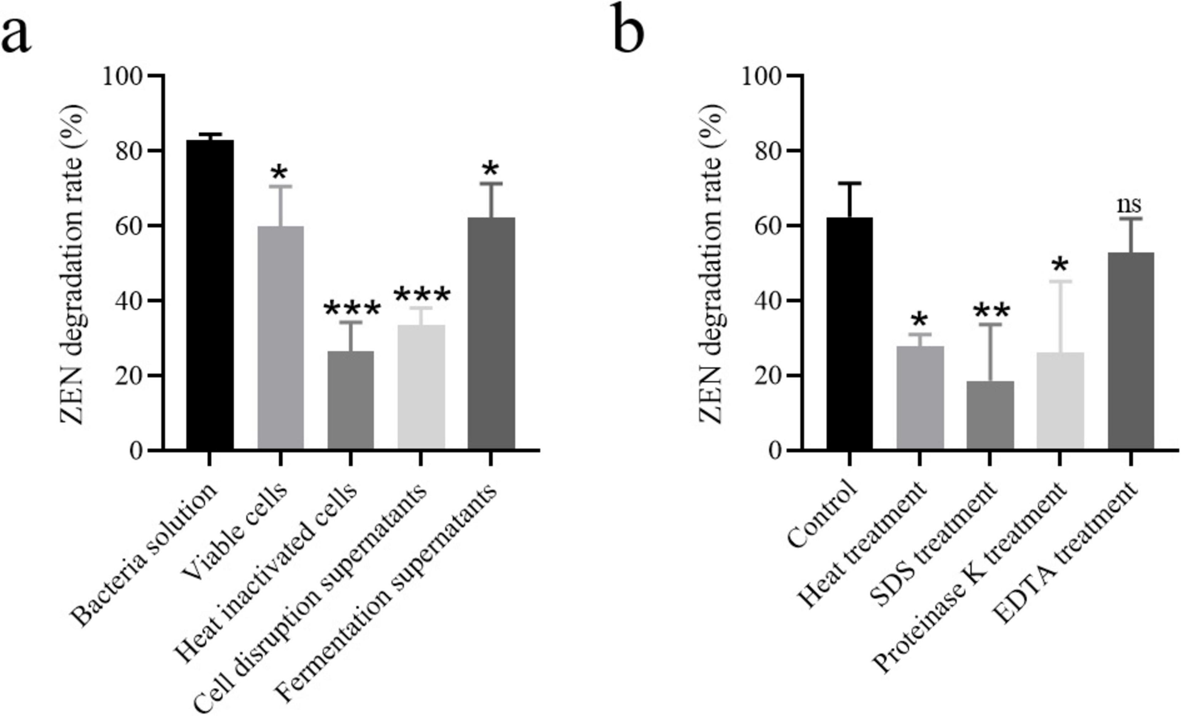 Bar charts labeled “a” and “b” compare ZEN degradation rates. Chart “a” shows five categories: Bacteria solution, Viable cells, Heat inactivated cells, Cell disruption supernatants, Fermentation supernatants. Bacteria solution and Fermentation supernatants have higher degradation rates. Chart “b” shows five categories: Control, Heat treatment, SDS treatment, Proteinase K treatment, EDTA treatment. Control shows the highest rate; EDTA is marked “ns” for no significance, while others have lower rates. Error bars indicate variability.