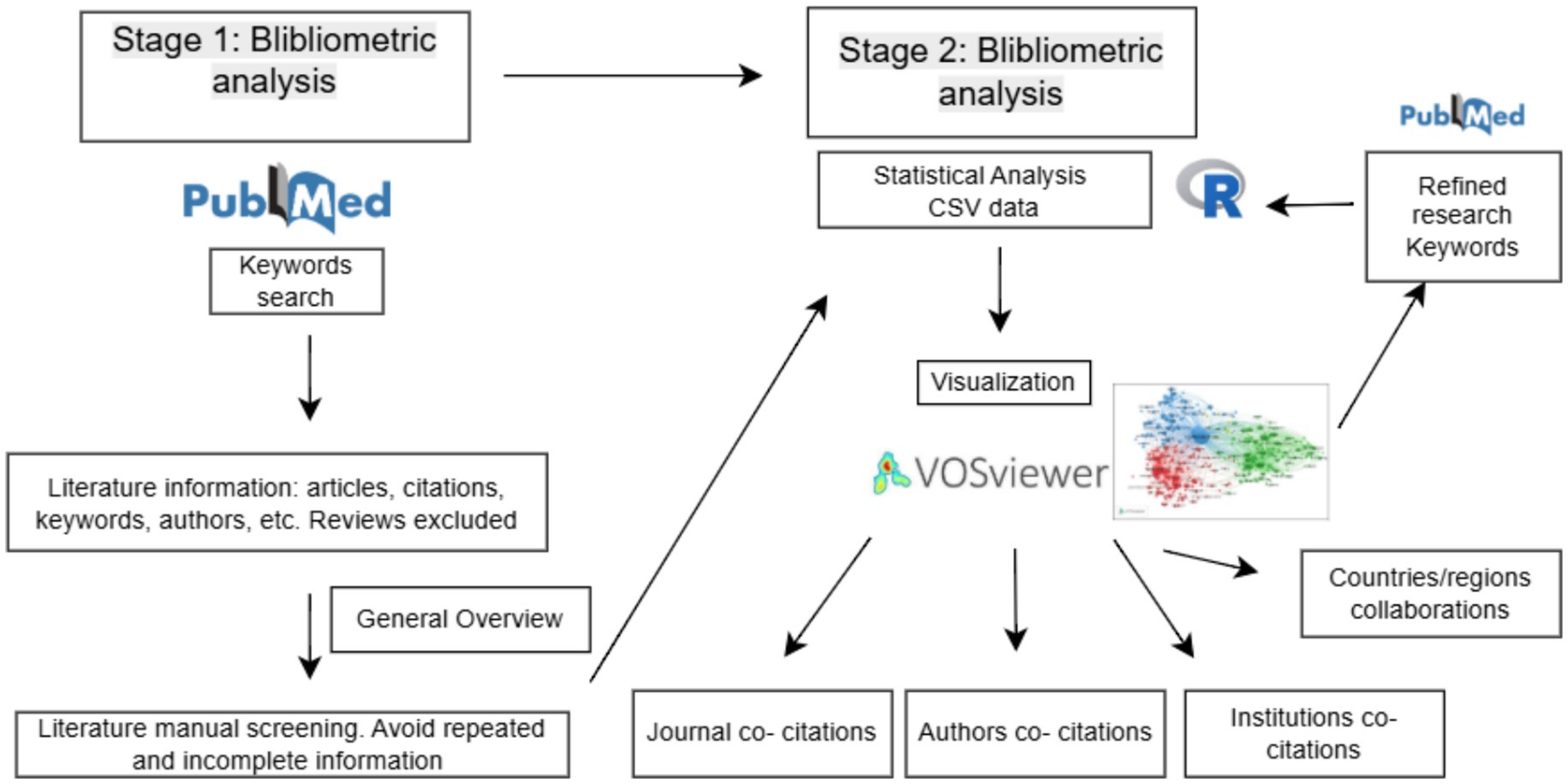 Flowchart illustrating a bibliometric analysis process in two stages. Stage 1 involves a keyword search on PubMed, leading to a general overview after manual literature screening. Stage 2 uses statistical analysis with refined keywords, leading to visualization via VOSviewer. Outputs include journal co-citations, author co-citations, institution co-citations, and country or region collaborations.