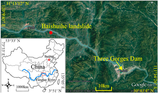 Satellite image showing the location of the Baishuike landslide, marked by a red dot, and the Three Gorges Dam, indicated with a yellow arrow, along a river. A map inset highlights the area within China, showing major geographic references including Beijing and the Yangtze River. Coordinates and scale markers are included for reference.