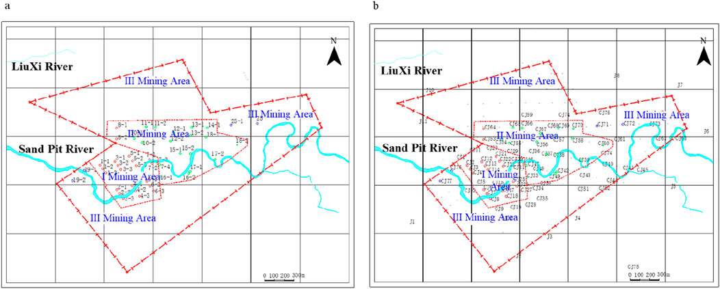 Two-panel map showing mining areas near LiuXi River and Sand Pit River. Panel a outlines I, II, and III Mining Areas with red dashed lines and labels. Panel b displays similar boundaries with additional numbered and lettered markers within each area. Both maps include a north arrow, scale, and river paths in blue.