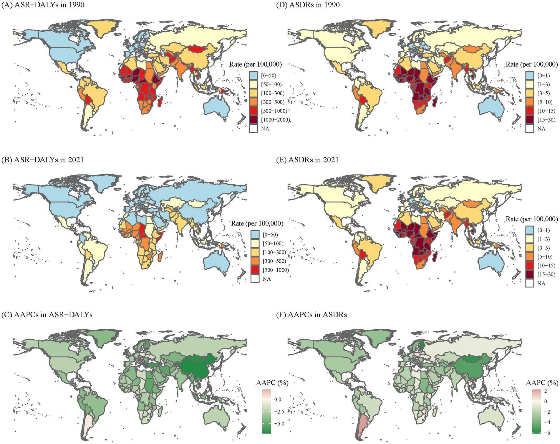 Six world maps display Age-Standardized Rates (ASR) and Average Annual Percentage Changes (AAPCs) related to Age-Standardized Disability-Adjusted Life Years (ASR-DALYs) and Age-Standardized Death Rates (ASDRs). Maps (A) and (B) show ASR-DALYs for 1990 and 2021, respectively, with color gradients indicating rates per 100,000 people. Maps (D) and (E) depict ASDRs for 1990 and 2021, respectively, with color gradients indicating rates per 100,000 people. Maps (C) and (F) illustrate AAPCs in ASR-DALYs and ASDRs, respectively, using color gradients for percentage changes. Key color legends accompany each map, indicating specific rate ranges.