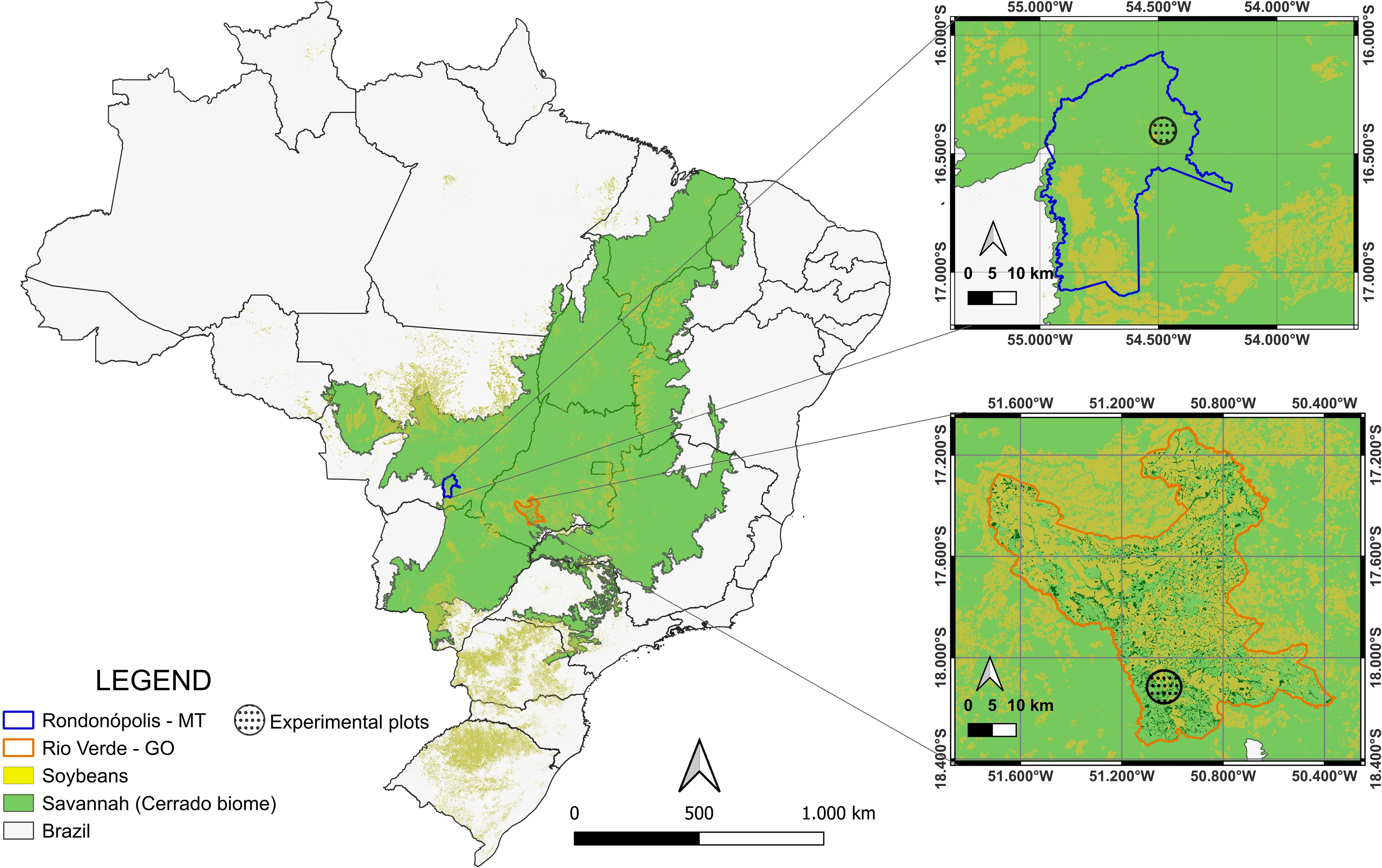 Map of Brazil showing experimental plots in Rondópolis, MT and Rio Verde, GO, marked in blue and orange, respectively. Areas of soybeans and the Savannah biome are indicated in yellow and green. Insets provide detailed views of each location with experimental plots marked by dots. A scale bar and legend are included.