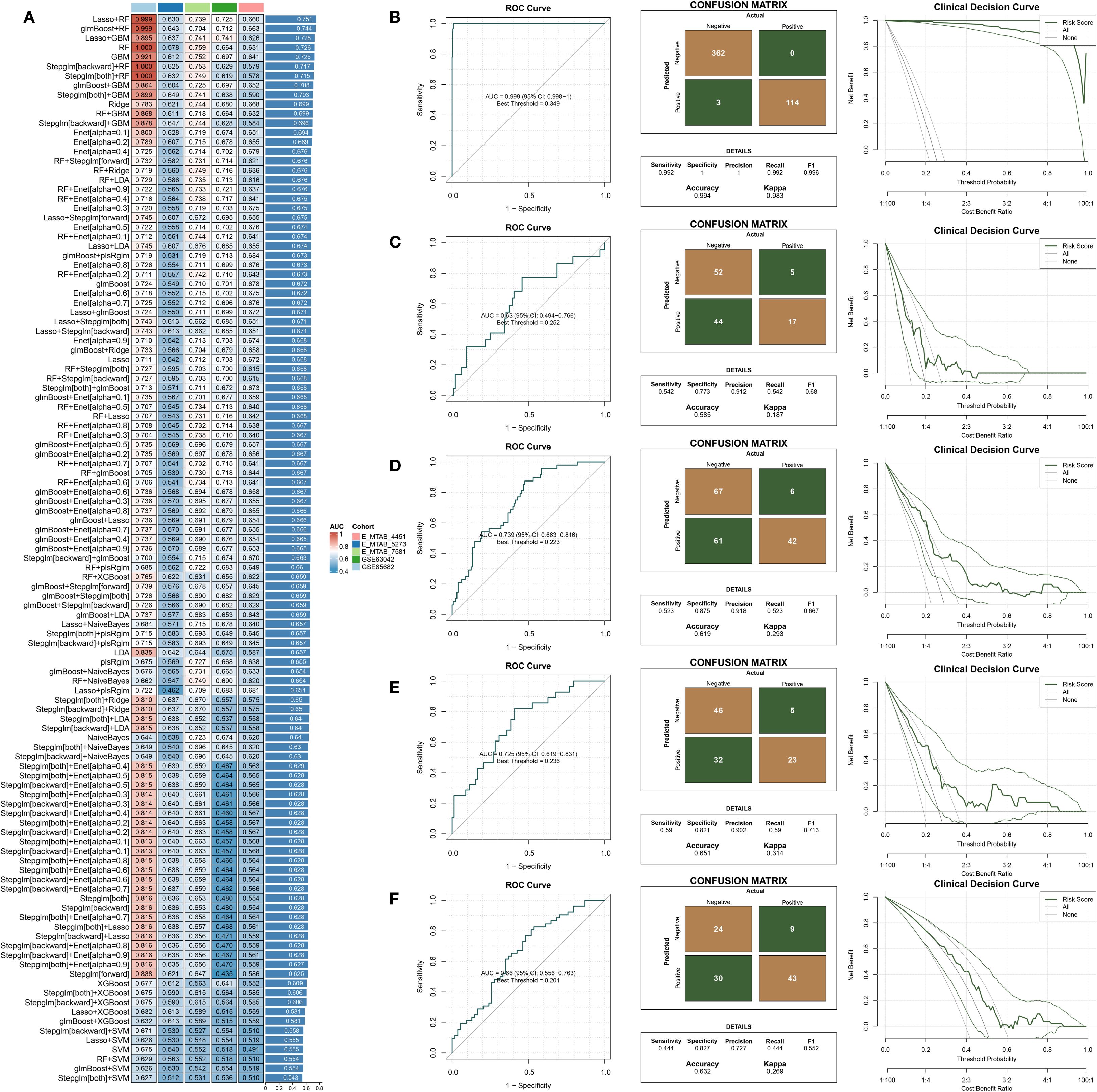 A large, multi-panel image depicts machine learning model evaluation results. Panel A shows a heatmap with algorithms on the y-axis and performance metrics on the x-axis, highlighting the AUC values with varying color intensities. Panels B to F present ROC curves, confusion matrices, and clinical decision curves for different models on distinct datasets. The ROC curves show sensitivity versus 1-specificity plots, the confusion matrices display predicted versus actual outcomes, and the clinical decision curves illustrate the net benefit against threshold probabilities. Each panel highlights different models and datasets.