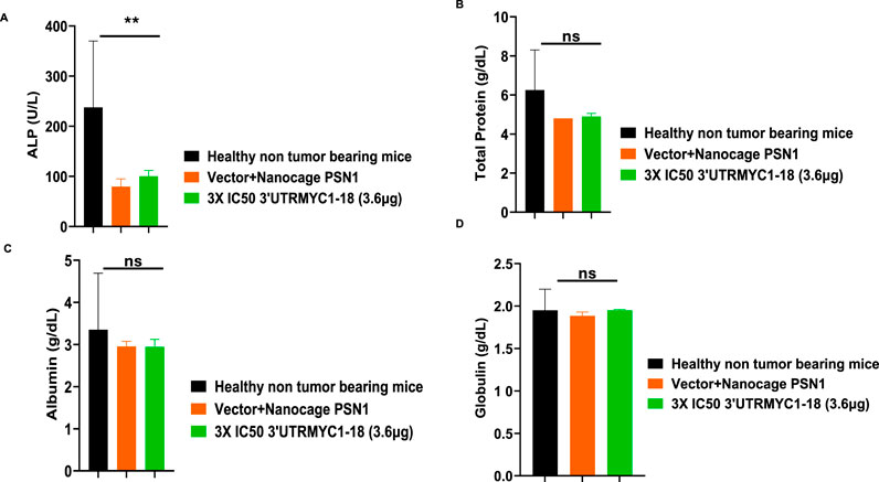 Bar graphs display biochemical measurements in three groups: healthy non-tumor-bearing mice (black), Vector+Nanocage PSN1 (orange), and 3X IC50 3’UTRMYC1-18 (green) in tumor-bearing mice. Panel A shows a significant decrease in ALP levels in experimental groups compared to controls. Panels B, C, and D show no significant changes in total protein, albumin, and globulin levels, respectively. Error bars indicate variability.