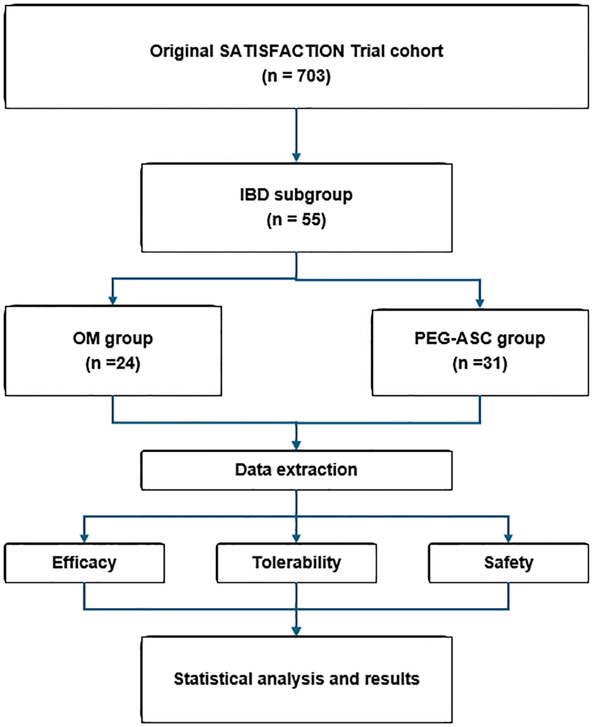 Flowchart depicting the breakdown of the SATISFACTION Trial cohort into subgroups. From the original cohort of 703 participants, 55 are in the IBD subgroup. They are divided into the OM group with 24 participants and the PEG-ASC group with 31 participants. Data extraction focuses on efficacy, tolerability, and safety, leading to statistical analysis and results.
