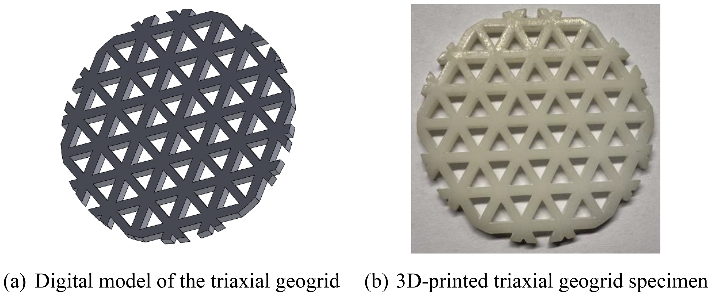 Digital model and 3D-printed triaxial geogrid specimen are shown side by side. The left image is a dark gray digital model with a triangular pattern. The right image is a real 3D-printed version in off-white, mirroring the same triaxial structure.