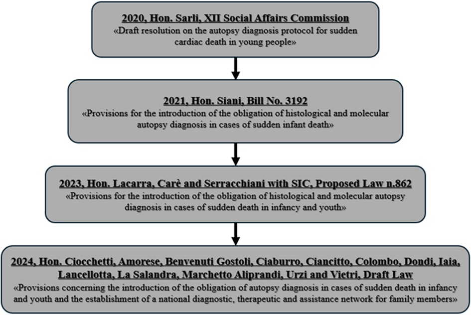 Flowchart illustrating legislative progress on autopsy diagnosis protocols. It starts in 2020 with Hon. Sarli's draft resolution on sudden cardiac death in youth, followed by Hon. Siani's 2021 bill on infant death diagnosis. In 2023, Hon. Lacarra and others propose law n.862 for diagnoses in infancy and youth. The 2024 draft law, led by Hon. Ciocchetti and colleagues, includes national diagnostic network provisions.