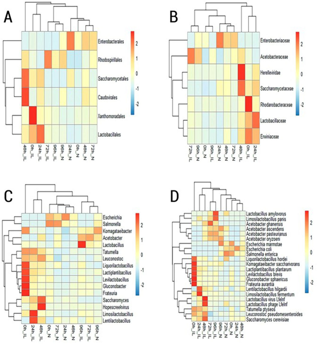 Heatmaps labeled A, B, C, and D, show hierarchical clustering of microbial taxa across different samples. Each heatmap illustrates variations in microbial orders, families, and genera, with a color gradient from blue (-2) to red (2) indicating abundance levels.