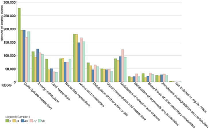 Bar graph depicting the number of assigned reads across various KEGG pathways, including carbohydrate, energy, and lipid metabolism. Multiple samples are represented in different colors: green (0), blue (24), pink (48), yellow (72), and teal (96). Carbohydrate metabolism shows the highest values, with other pathways varying significantly.