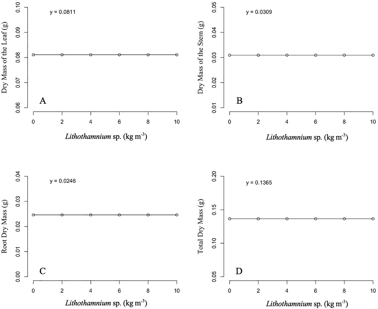 Four line graphs (A, B, C, D) show the relationship between Lithothamnium sp. concentration (kg/m³) and different dry masses (grams). Graph A represents dry mass of the leaf with a constant line at 0.0811. Graph B shows dry mass of the stem with a constant line at 0.0309. Graph C illustrates root dry mass with a constant line at 0.0246. Graph D depicts total dry mass with a constant line at 0.1365. All graphs indicate no change in dry mass across the range of Lithothamnium sp. concentrations.