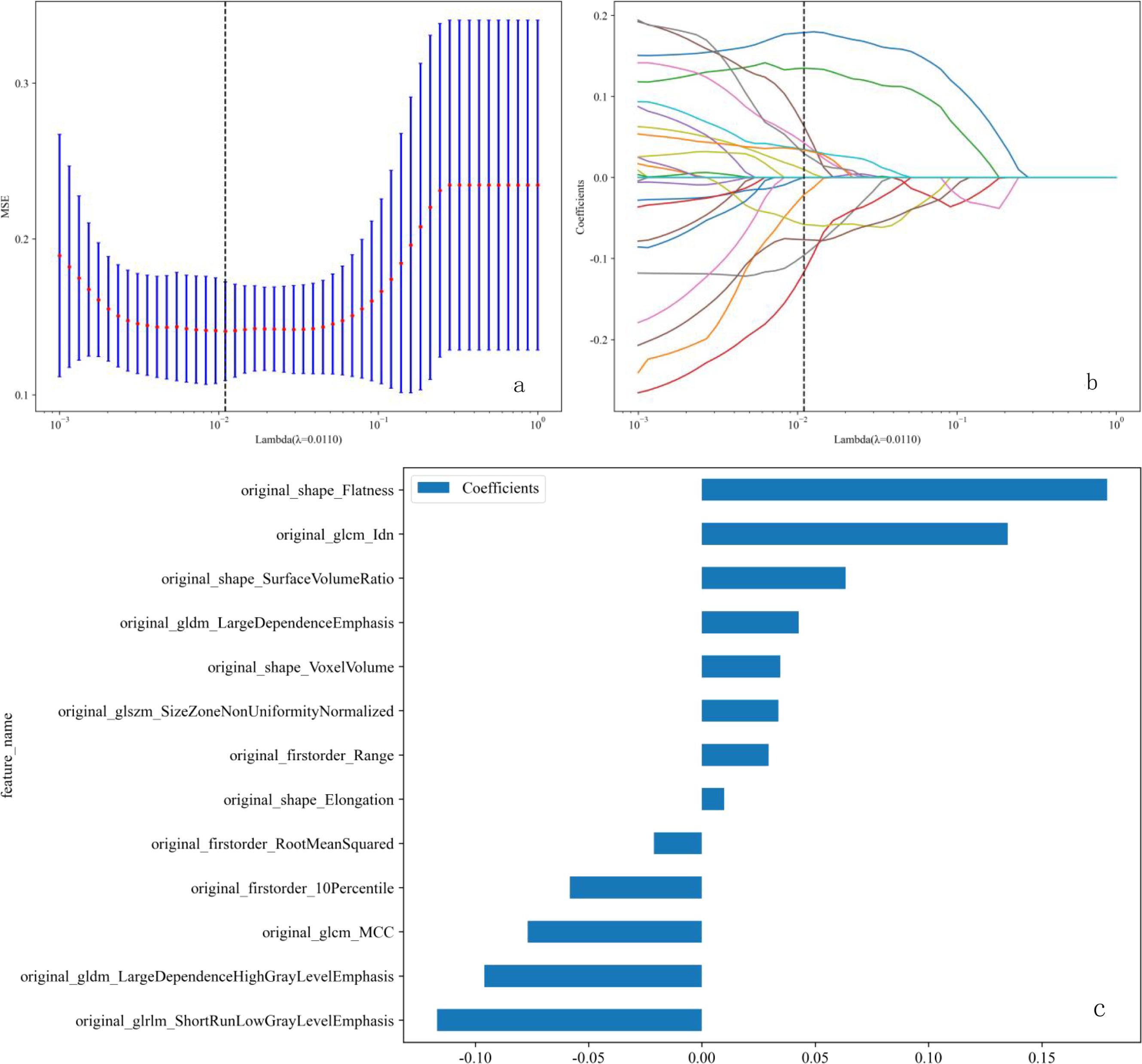 Three-part image showing data visualizations. Panel a displays a line graph with error bars representing the relationship between lambda and MSE. Panel b shows a coefficient path plot with lines indicating coefficient changes over lambda. Panel c presents a bar chart of feature coefficients, listing features like Flatness and SurfaceVolumeRatio.