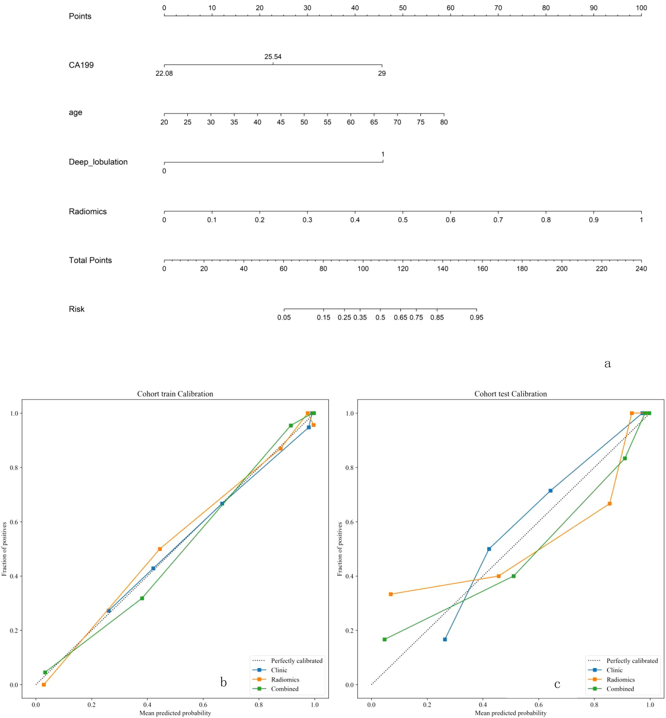 A three-part image: (a) Nomogram for predicting risk using points correlated to factors like CA199, age, Deep_lobulation, and Radiomics. (b) Calibration plot for cohort training, showing lines for Clinic, Radiomics, and Combined models against perfect calibration. (c) Calibration plot for cohort testing with a similar comparison of models.
