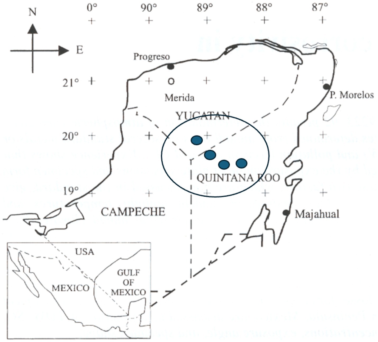 Map of the Yucatán Peninsula highlighting locations in Quintana Roo with four blue dots. Nearby cities include Progreso, Merida, and Majahual. An inset map shows the Gulf of Mexico's location relative to the USA and Mexico.