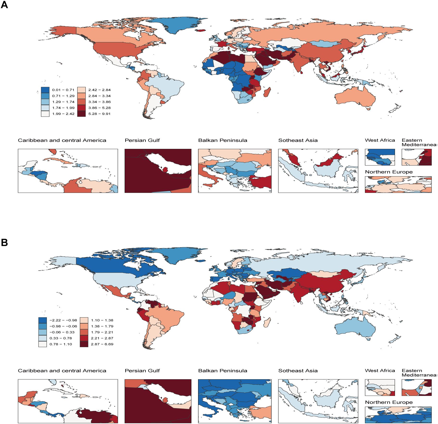 Two world maps labeled A and B show regional data variations using color gradients. Map A highlights Caribbean, Persian Gulf, Balkan Peninsula, Southeast Asia, West Africa, Eastern Mediterranean, and Northern Europe. B uses similar regions. Each map includes a color legend indicating data value ranges in various shades from blue to red.