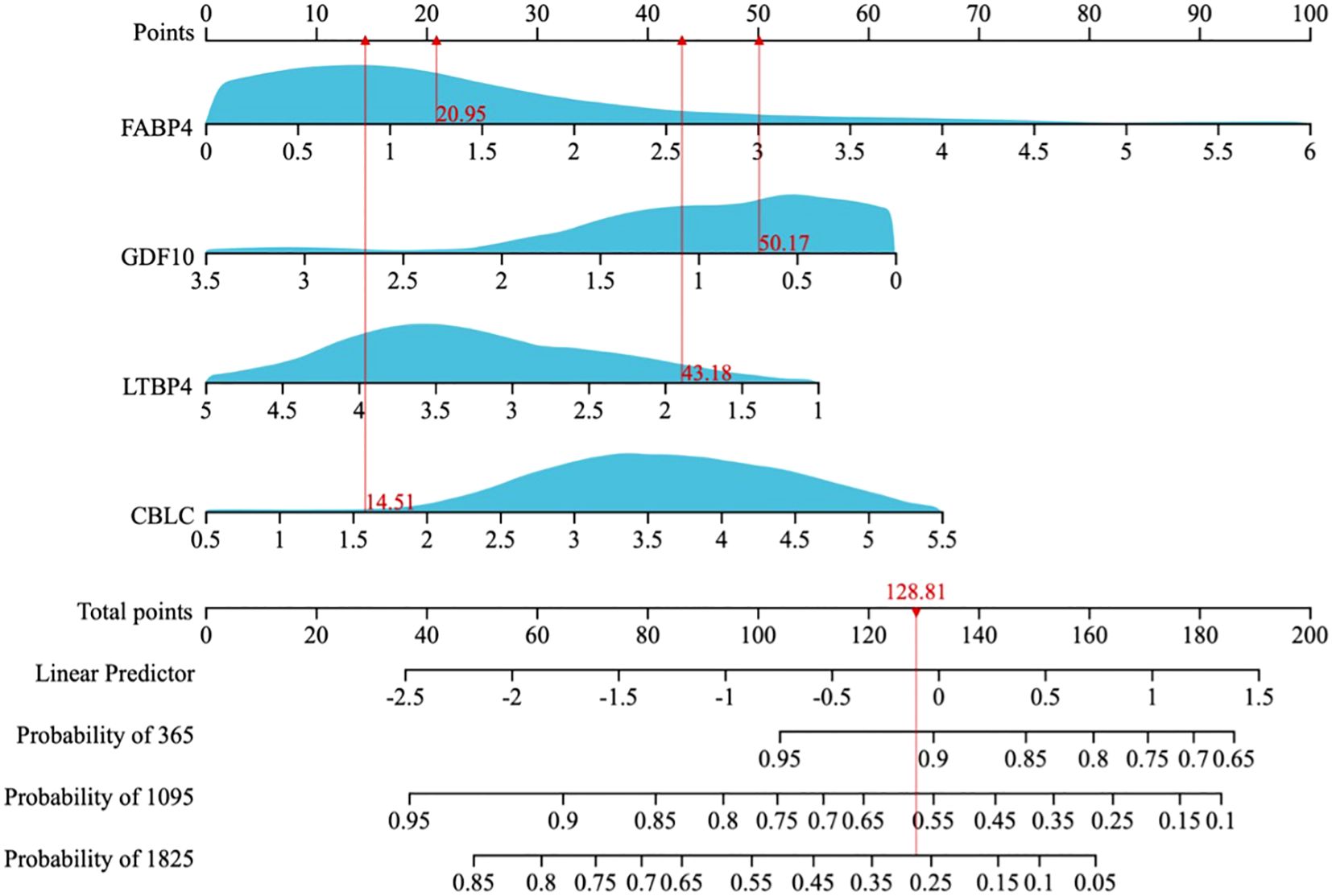 Graphical representation of a nomogram predicting probabilities based on gene expression levels. It includes points for FABP4, GDF10, LTBP4, and CBLC. Total points correspond to a linear predictor and probabilities of 365, 1095, and 1825 days. Points indicated are 20.95 for FABP4, 50.17 for GDF10, 43.18 for LTBP4, 14.51 for CBLC, totaling 128.81 points.