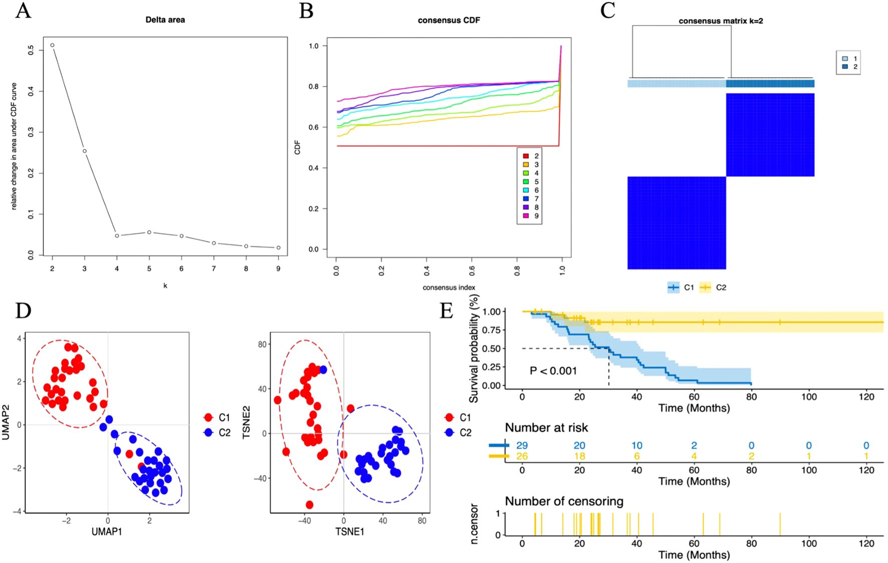 Graphical representation of data analysis. (A) Line graph showing delta area changes for k-values from 2 to 9. (B) Consensus CDF plot with multiple colored lines for k-values. (C) Heatmap of the consensus matrix for k=2. (D) Scatter plots of UMAP and t-SNE clustering with red and blue clusters. (E) Kaplan-Meier survival curves comparing two groups with a log-rank test p-value under 0.001, alongside tables showing numbers at risk and instances of censoring over time.