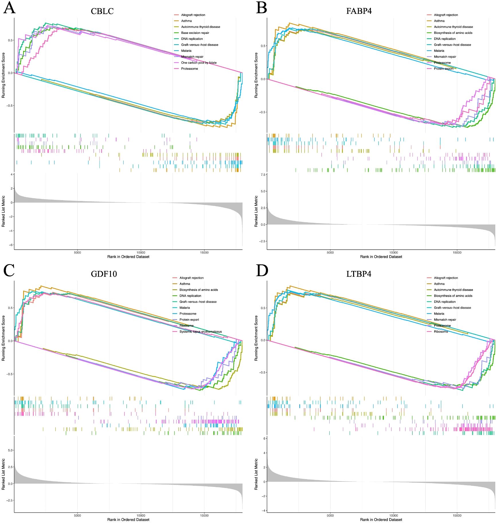 Four graphs labeled A, B, C, and D display pathway enrichment scores for genes CBLC, FABP4, GDF10, and LTBP4. Each graph features a score plotted against a ranked dataset, with colored lines representing different pathways. Below each graph, rank positions and residuals are displayed. The pathways include allograft rejection, asthma, autoimmune thyroid disease, and others, indicated by a legend.