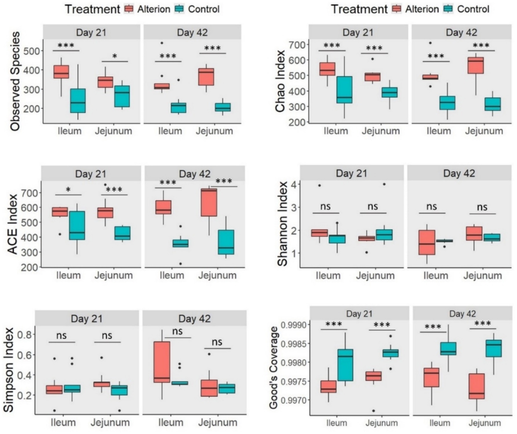 Box plots comparing alpha diversity indices between Alterion and Control treatments in ileum and jejunum at days twenty-one and forty-two. Plots include Observed Species, Chao Index, ACE Index, Shannon Index, Simpson Index, and Good's Coverage. Significant differences are indicated by asterisks, with p-values denoted by *, **, ***, and ns for not significant.