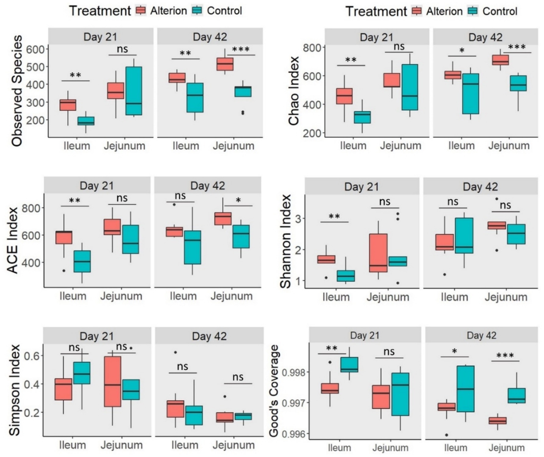 Box plots showing six alpha diversity indices (Observed Species, Chao Index, ACE Index, Shannon Index, Simpson Index, and Good's Coverage) comparing Alterion and Control treatments in Ileum and Jejunum at days 21 and 42. Significant differences are marked with asterisks, indicating varying levels of statistical significance.