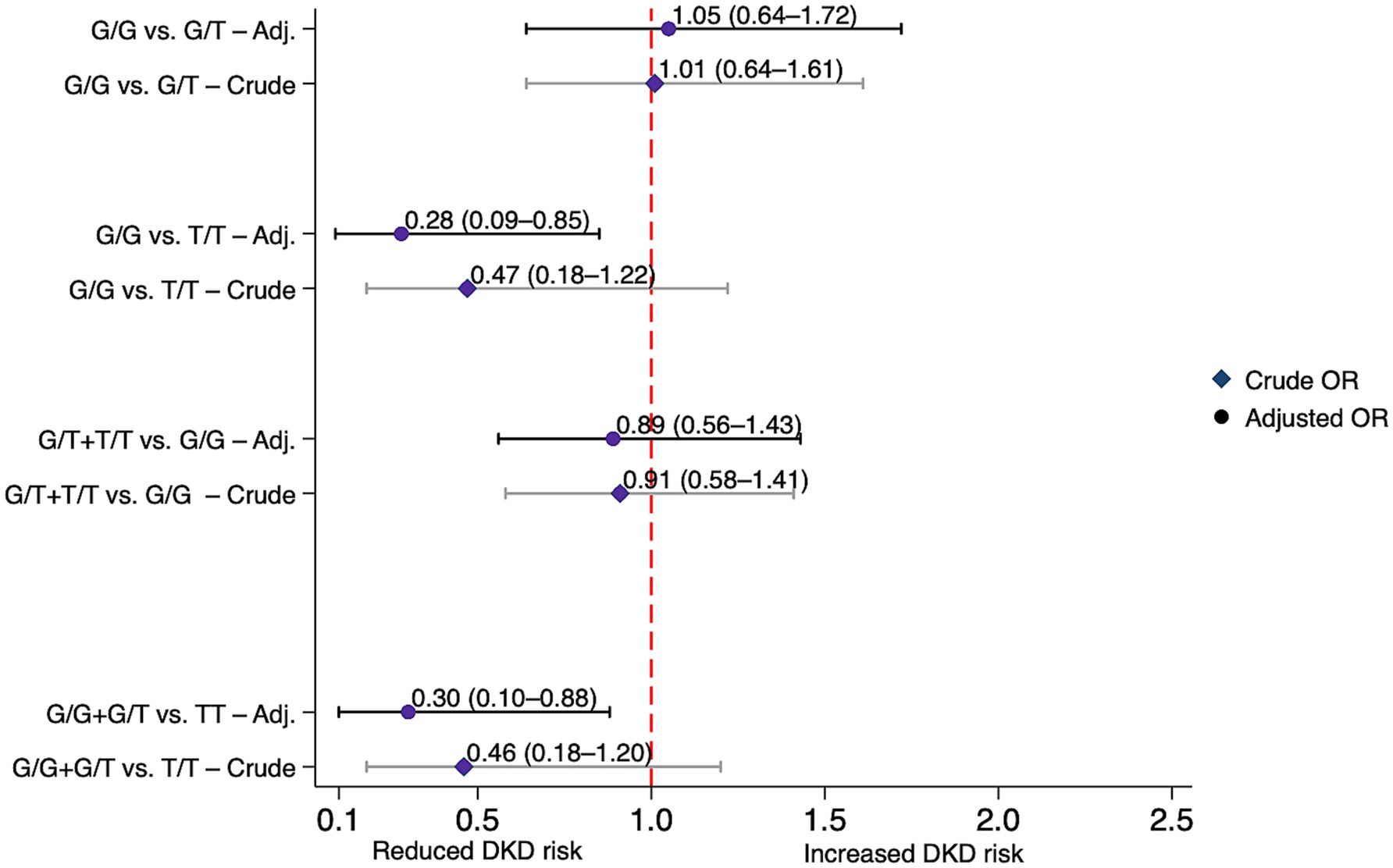 Forest plot showing crude and adjusted odds ratios (ORs) for the association between GC rs4588 genotypes and DKD risk under codominant, dominant, and recessive models. Diamonds represent crude ORs; circles represent adjusted ORs. The red dashed line at OR = 1 indicates no effect. Adjusted models control for age, gender, ethnicity, BMI, and diabetes duration. T/T genotype carriers showed significantly reduced DKD risk compared to G/G carriers under the codominant (AOR = 0.28, CI: 0.09–0.85) and recessive (AOR = 0.30, CI: 0.10–0.88) models.