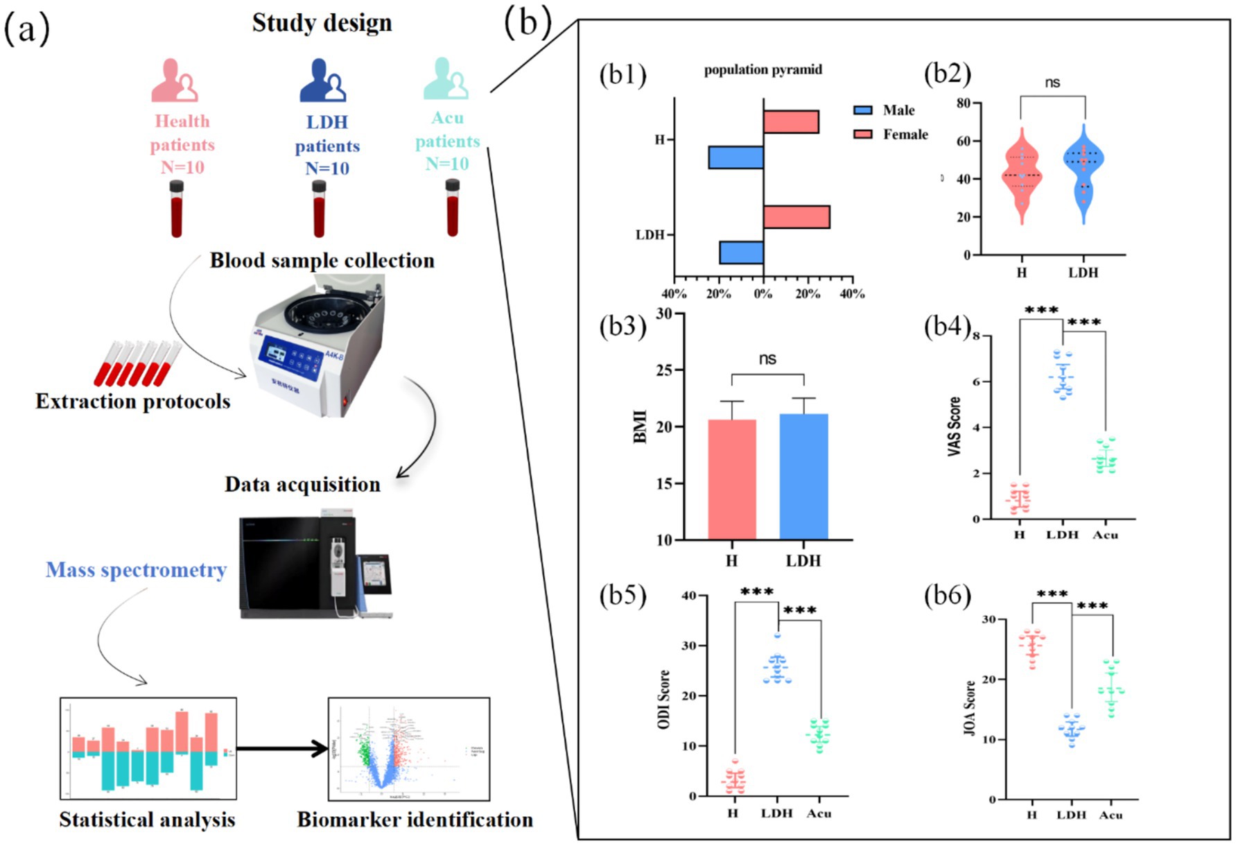 Study design schematic (a) outlines three patient groups: 10 health, 10 LDH, and 10 acute patients. Blood samples are collected, followed by extraction and data acquisition using mass spectrometry, leading to statistical analysis and biomarker identification. Panel (b) presents graphs: (b1) population pyramid for health and LDH; (b2) violin plot of unspecified metric; (b3) BMI comparison; (b4) VAS score; (b5) ODI score; (b6) JOA score. Significant differences marked with asterisks.