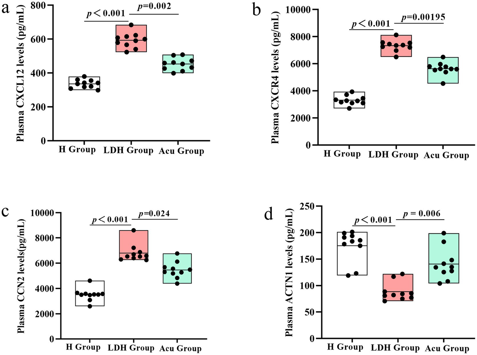 Box plots displaying plasma levels of different biomarkers across three groups: H Group, LDH Group, and Acu Group. (a) CXCL12 levels show significant differences between H and LDH groups (p < 0.001) and LDH and Acu groups (p = 0.002). (b) CXCR4 levels show significant differences between H and LDH groups (p < 0.001) and LDH and Acu groups (p = 0.00195). (c) CCN2 levels show significant differences between H and LDH groups (p < 0.001) and LDH and Acu groups (p = 0.024). (d) ACTN1 levels show significant differences between H and LDH groups (p < 0.001) and LDH and Acu groups (p = 0.006).