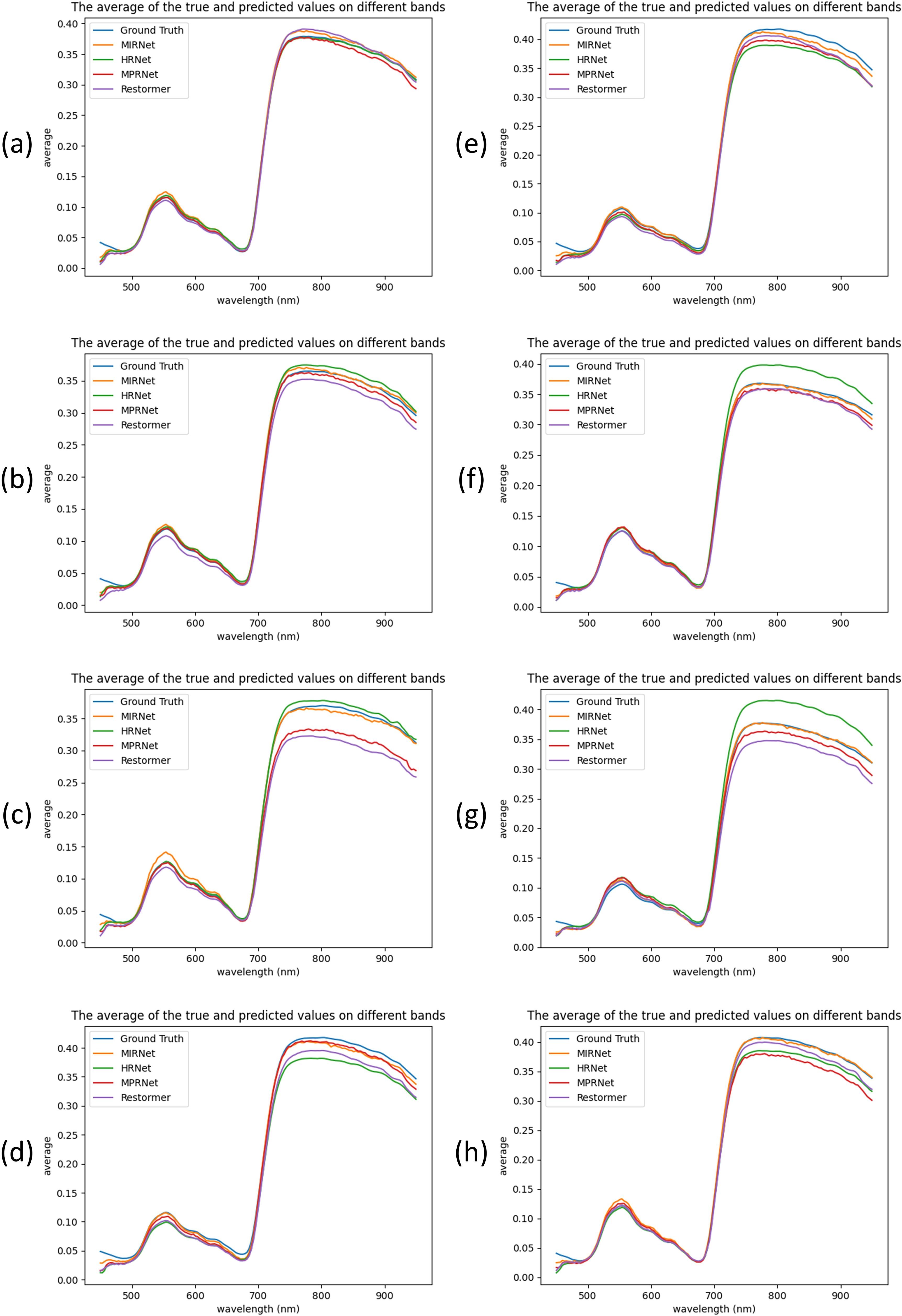 Graphs labeled (a) to (h) show spectral data, comparing true and predicted values across wavelengths measured in nanometers (nm). Each graph includes five lines: Ground Truth, MIRNet, HRNet, MPRNet, and Restormer. The x-axis represents wavelength from 400 to 950 nm, and the y-axis represents the average value. The graphs show trends and variations for each prediction model across different wavelengths.