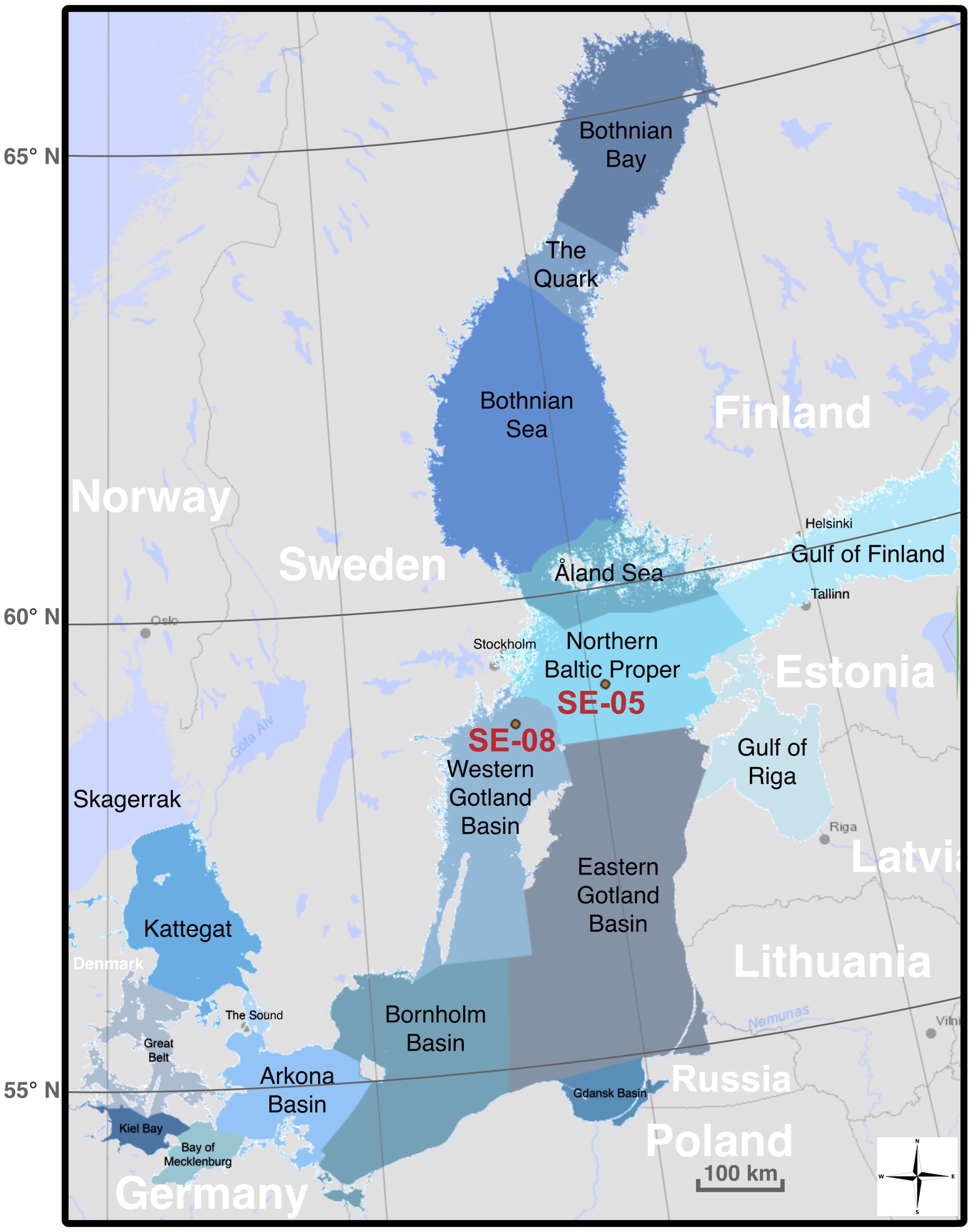 Map showing the Baltic Sea region, highlighting areas such as the Bothnian Sea, Gulf of Finland, and Gulf of Riga. Countries labeled include Norway, Sweden, Finland, Estonia, Latvia, Lithuania, Russia, Poland, Denmark, and Germany. Specific regions like the Northern Baltic Proper, Arkona Basin, and Western Gotland Basin are marked, with SE-08 and SE-05 areas delineated. A scale indicates 100 kilometers.