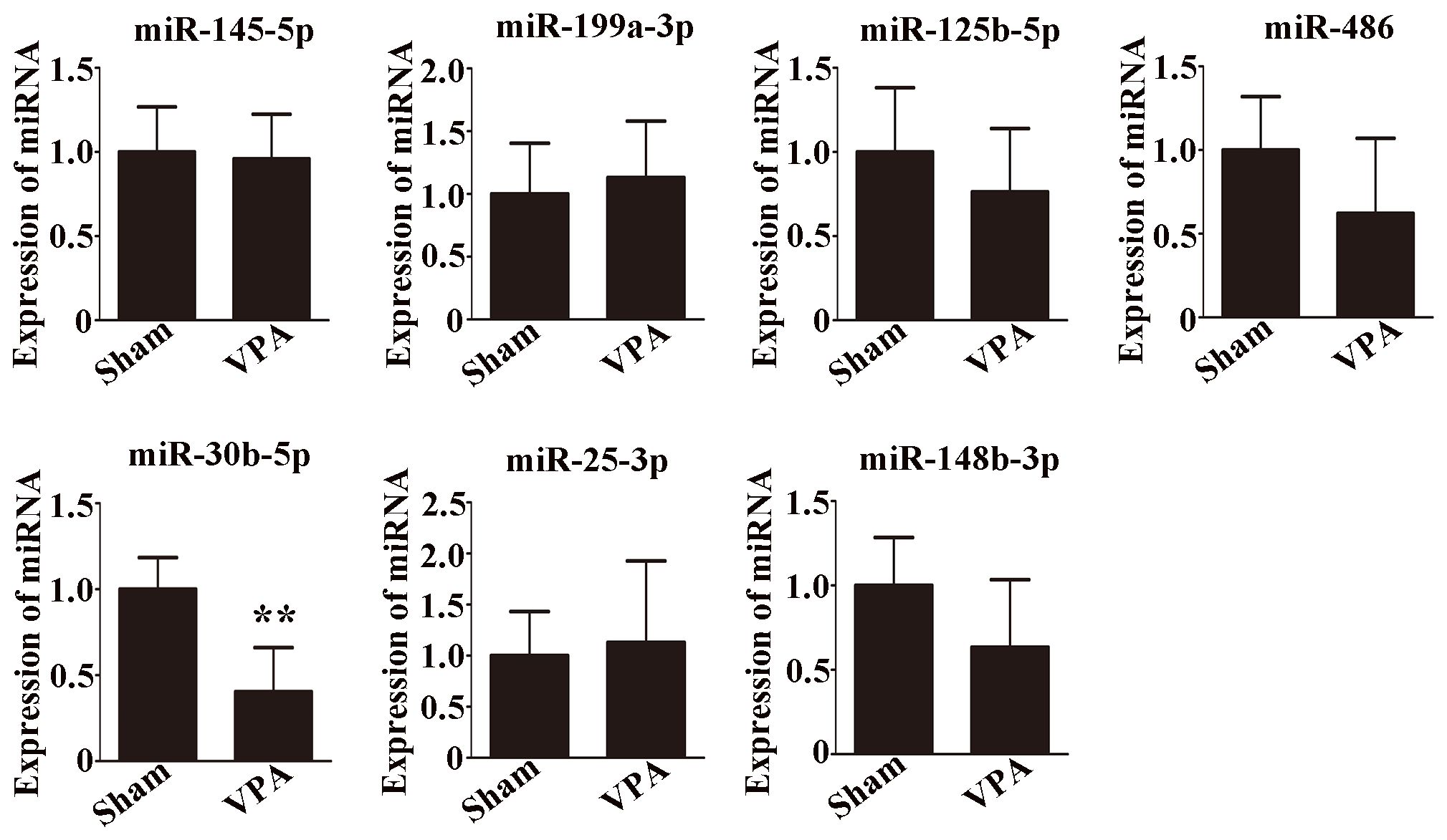 Bar graphs illustrating the expression levels of different miRNAs, comparing Sham and VPA groups. miR-145-5p, miR-199a-3p, miR-125b-5p, miR-486, miR-25-3p, and miR-148b-3p show no significant change between groups. miR-30b-5p shows a significant reduction in the VPA group, indicated by asterisks.