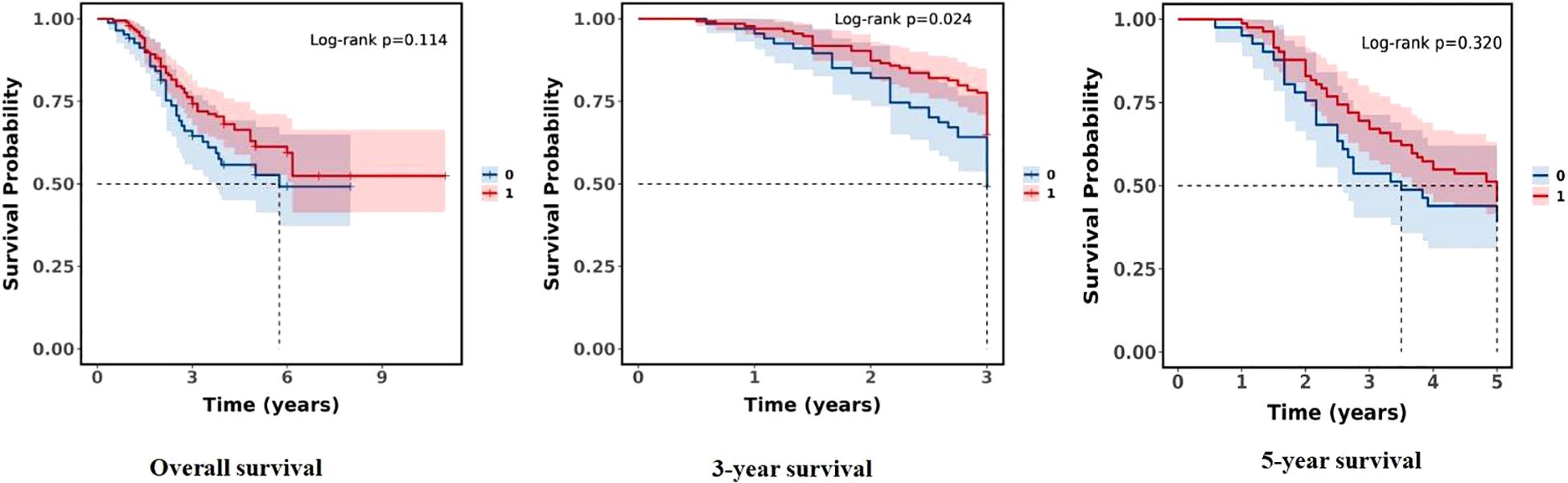 Three Kaplan-Meier survival curves show overall, three-year, and five-year survival probabilities. Each graph compares two groups, labeled 0 (T non-response group) and 1 (T response group), in blue and red respectively. Log-rank p-values for each chart are 0.114, 0.024, and 0.320, indicating varying statistical significance. Shaded areas represent the confidence intervals around the survival curves.