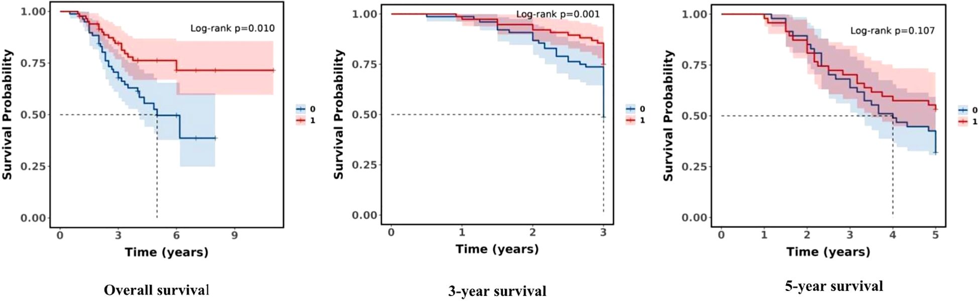 Three Kaplan-Meier survival curves are displayed. The left graph shows overall survival with a significant difference (p=0.010) between groups. The middle graph depicts three-year survival with a significant difference (p=0.001). The right graph illustrates five-year survival with no significant difference (p=0.107). Blue and red lines represent two different groups, labeled 0 (Low T response group) and 1 (Ultra-low T response group), respectively. Shaded areas indicate confidence intervals.