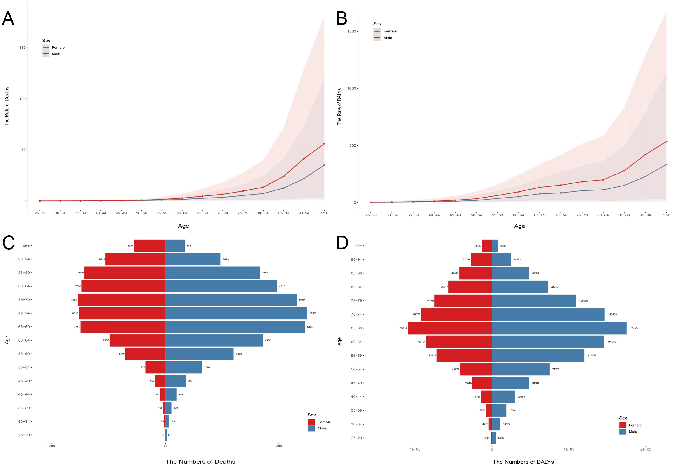 Graphs displaying the role of age in death and DALYs for males and females. Graph A shows the increasing death rate with age, higher for males. Graph B illustrates DALYs, also higher for males. Graph C is a bar chart of death numbers by age and gender, and Graph D is a bar chart for DALYs by age and gender. Red represents males and blue represents females.