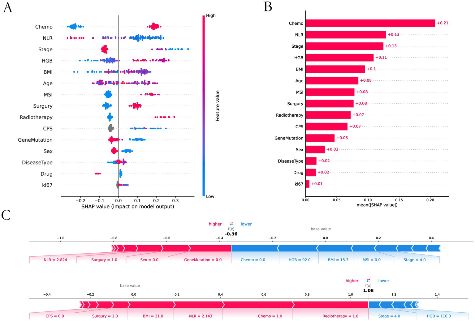 Graphical explanation of SHAP values for feature importance and impact on model output. Panel A shows a dot plot of SHAP values for various features, indicating their contribution to the model's output. Panel B is a bar chart displaying the mean absolute SHAP values, highlighting the most influential features, with chemotherapy having the highest impact at 0.21. Panel C presents a waterfall chart illustrating how individual feature values contribute to the predicted model output, showing a shift from the base value.