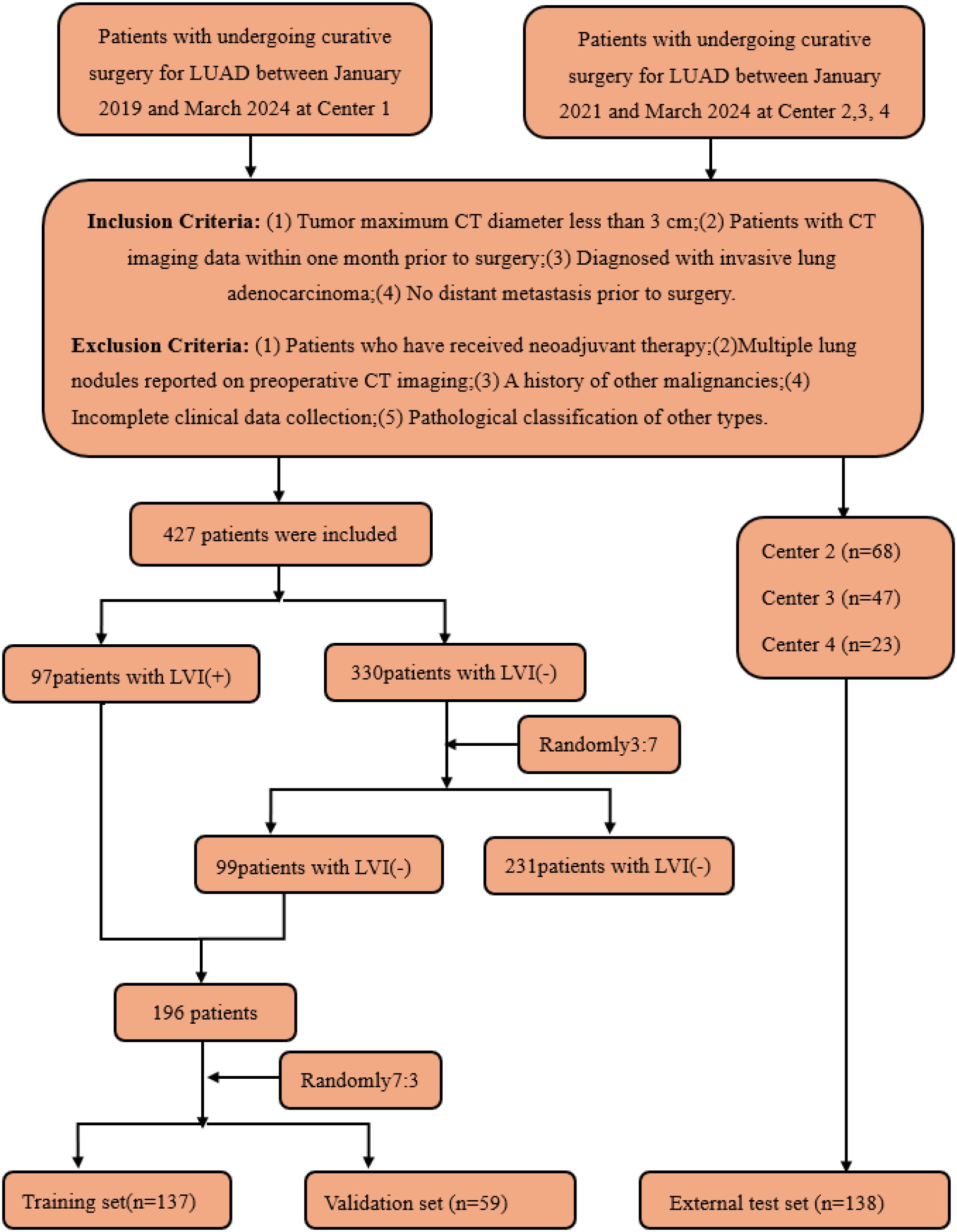 Flowchart illustrating the selection process of patients for lung adenocarcinoma surgery between January 2019 and March 2024, across four centers. It details inclusion and exclusion criteria, dividing 427 patients into groups based on lymphovascular invasion presence. Patients are further categorized into training, validation, and external test sets, showing distribution across different centers.