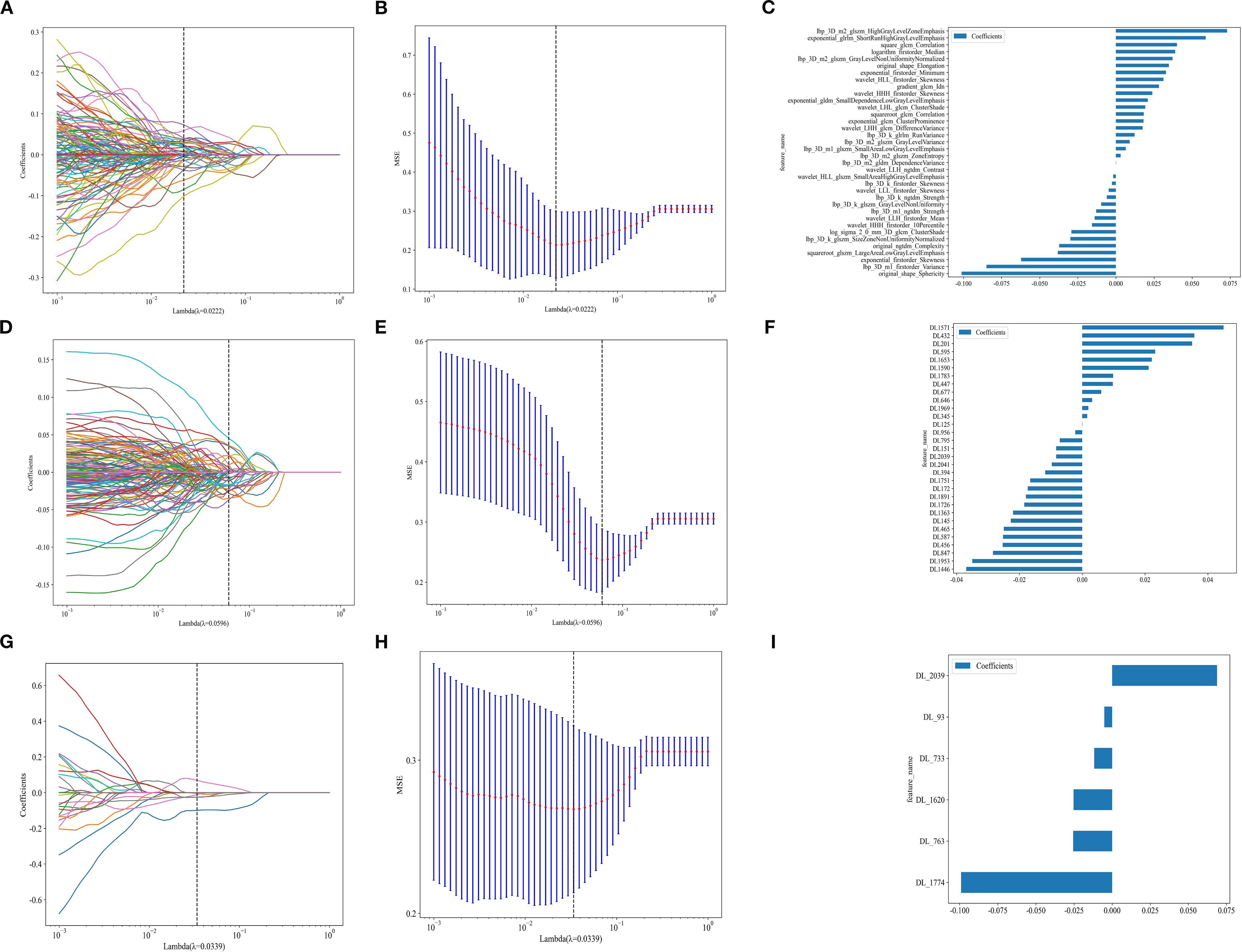 A composite image consisting of nine panels (A - I) for statistical analysis: Panels A, D, and G display LASSO (Least Absolute Shrinkage and Selection Operator) plots; Panels B, E, and H show MSE (Mean Squared Error) plots; Panels C, F, and I present feature weight bar charts, all for demonstrating radiomics and deep learning (DL) feature analyses.