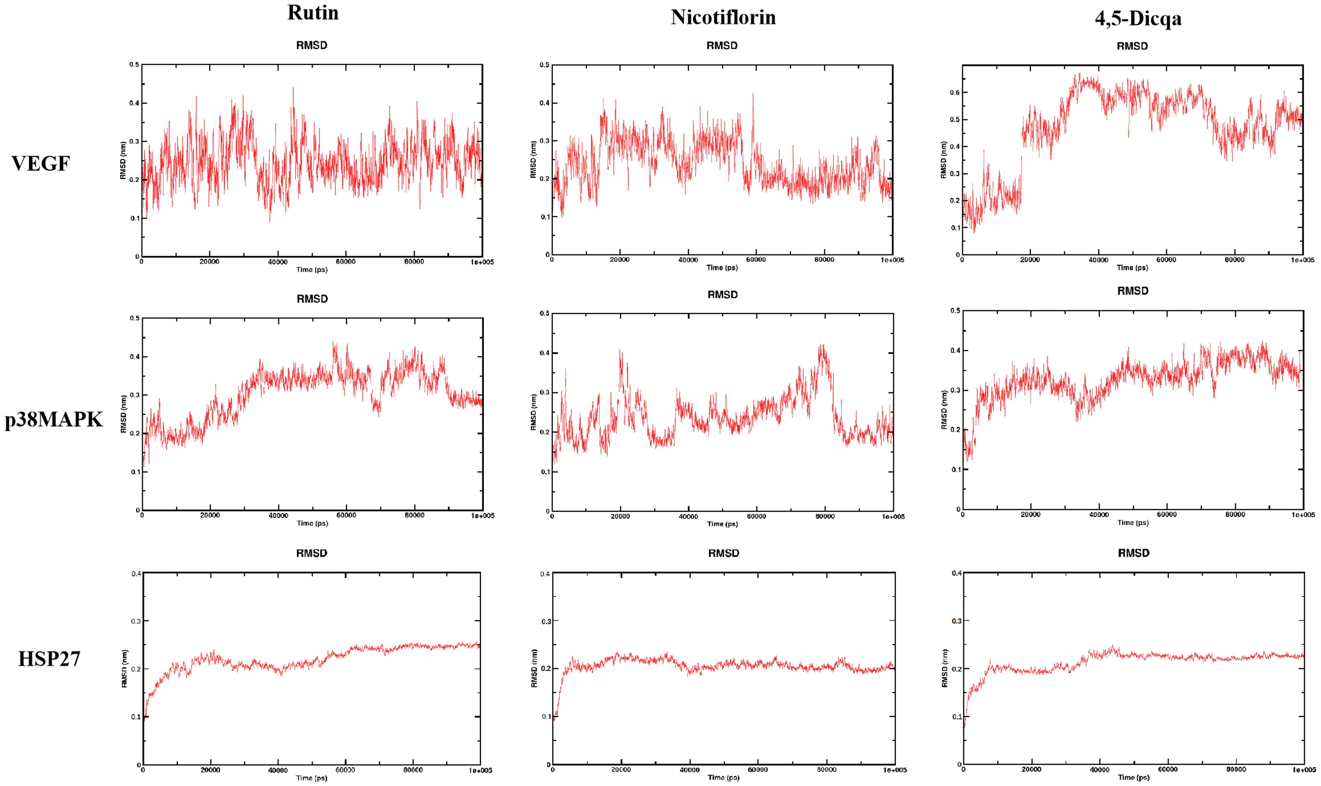 Graphs depict RMSD values over time for three compounds—Rutin, Nicotiflorin, and 4,5-Dicqa—against three proteins: VEGF, p38MAPK, and HSP27. Each plot shows fluctuating RMSD in picoseconds across a range of 0 to 0.5 nanometers.