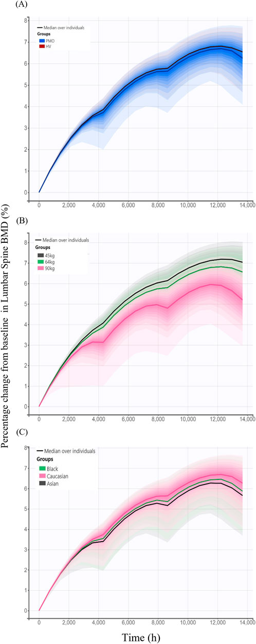 Three line graphs depicting percentage change in lumbar spine bone mineral density over time. (A) Shows two groups, PMO and HV, with the PMO group having a more pronounced increase. (B) Displays three weight groups: 45 kg, 64 kg, and 90 kg, with the 90 kg group showing a greater increase. (C) Illustrates three ethnic groups: Black, Caucasian, and Asian, with the Caucasian group exhibiting the highest increase. All graphs show median values and follow a similar upward trend. Time is measured in hours up to 14,000 hours.