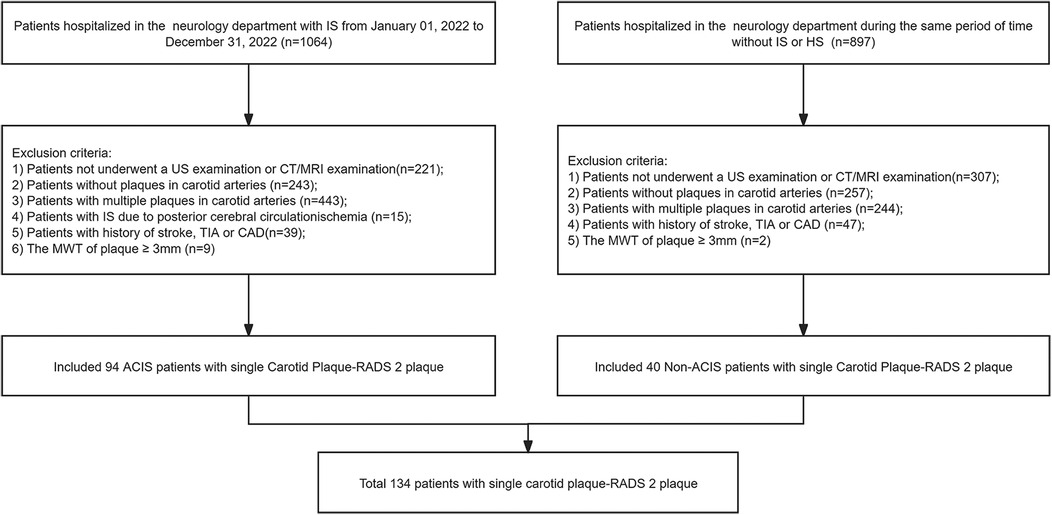 Flowchart showing patient selection. On the left, patients with ischemic stroke (IS) are refined using exclusion criteria, resulting in 94 ACIS patients. On the right, patients without IS or HS are refined similarly, yielding 40 non-ACIS patients. Both groups include patients with single carotid plaque-RADS 2, totaling 134 patients.