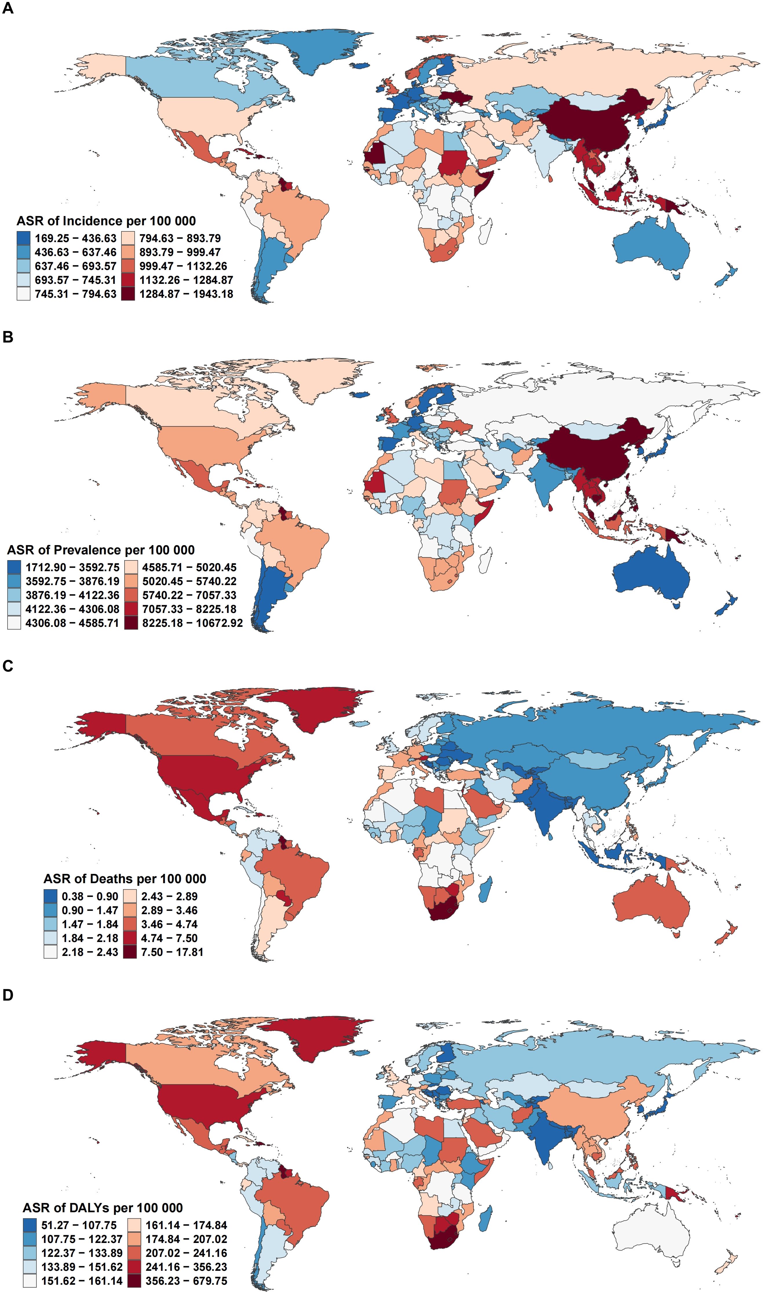 Four world maps showing age-standardized rates (ASR) for cardiovascular disease metrics by country. Map A displays ASR of incidence, with colors indicating different rates ranging from 169.25 to 1,943.18 per 100,000. Map B shows ASR of prevalence, ranging from 1,712.90 to 10,672.92 per 100,000. Map C illustrates ASR of deaths, with values from 0.38 to 17.81 per 100,000. Map D presents ASR of disability-adjusted life years (DALYs), ranging from 51.27 to 679.75 per 100,000. Different colors indicate various rate intervals on each map.